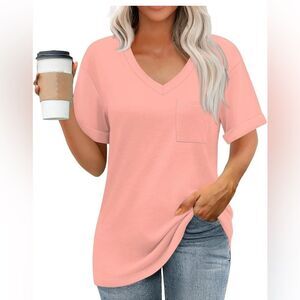 Women's Solid Color V Neck Soft Short Sleeve oversized Top L(P2P25/26)NWOT